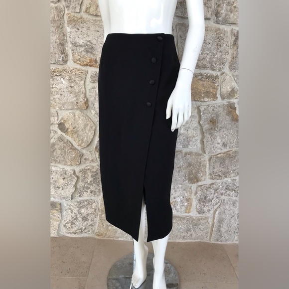 Vintage 1990s Anne Klein II Black Tuxedo Stripe Wrap Front Skirt Classic Elegant - Picture 6 of 16